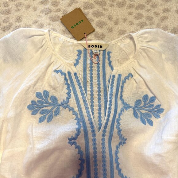 BODEN White Linen Belted Midi Dress with Blue Embroidery US size 8P (UK 12P) - Picture 13 of 16